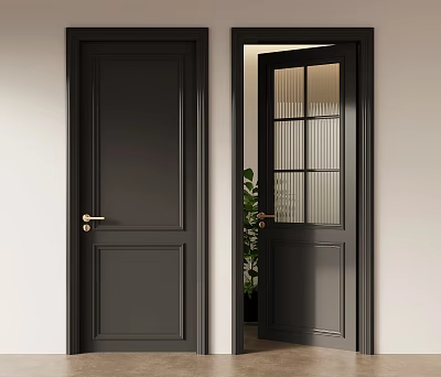 Dark Colored Hinged Doors With Glass Panel Golden Handle And Plant In Indoor Setting 3d model