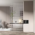 Modern Transparent Grid Room Divider Design With Green Plant Decorative Light And Furniture