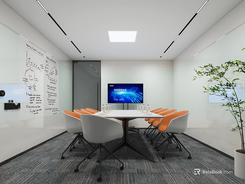 Bright Modern Meeting Room Interior With Whiteboard TV Screen Orange Chairs And Green Plant 3d model 