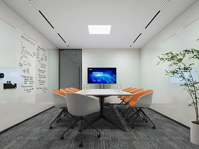Bright Modern Meeting Room Interior With Whiteboard TV Screen Orange Chairs And Green Plant 3d model