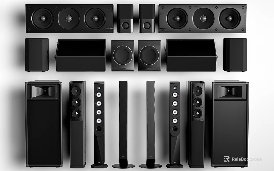 High Quality Home Audio Headphones and Speakers with Floor Standing Bookshelf and Subwoofer Models 3d model 
