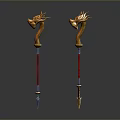 Two Ornate Dragon Head Staff Weapons With Gold Red Metal Decorative Design