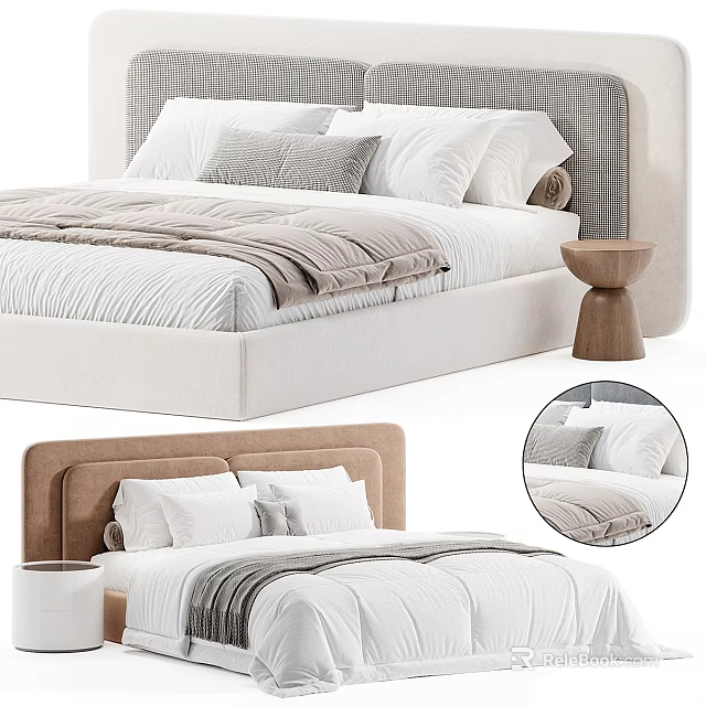 Modern Minimalist Double Bed With Light And Brown Headboard Pillows And Side Stool 3d model 