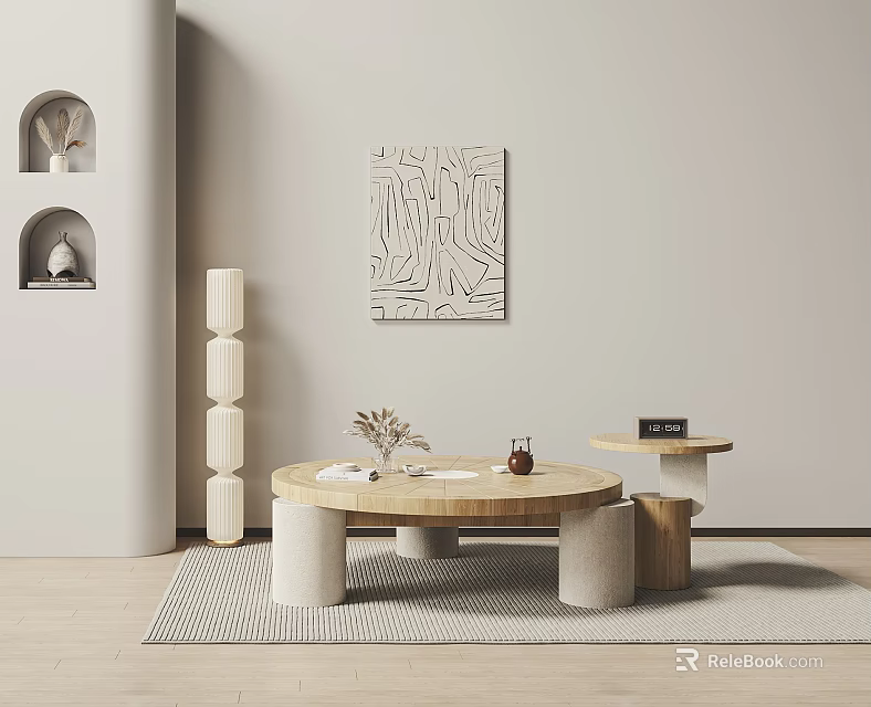 Modern Living Room Coffee Table With Cylindrical Legs Decorative Painting Rug And Top Decorative Items 3d model 