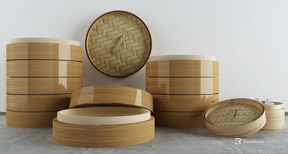 Stackable Bamboo Kitchen Steamers With Woven Lids And White Inner Layers 3d model