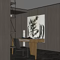 Modern Study Room With Wooden Walls Desk Books And Large Abstract Painting