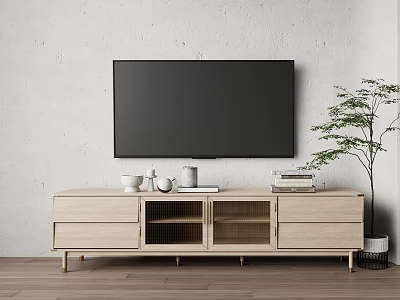 Modern Wooden TV Stand With Drawers Glass Door Cabinet Tea Set Books And Green Plant 3d model