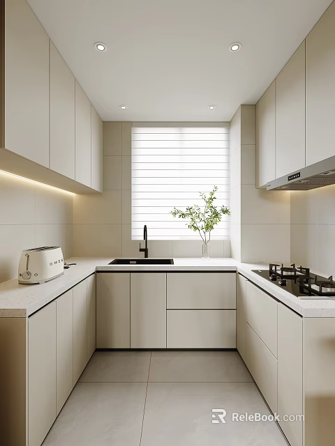Modern Kitchen Interior With White Cabinets Blinds Window And Green Plant On Countertop 3d model 