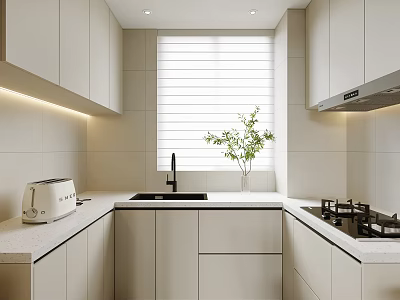 Modern Kitchen Interior With White Cabinets Blinds Window And Green Plant On Countertop 3d model