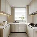 Modern Kitchen Interior With White Cabinets Blinds Window And Green Plant On Countertop