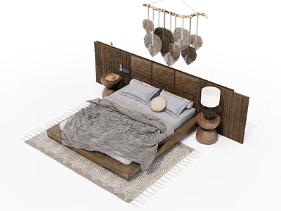 Double Bed Interior With Wooden Headboard Gray Blanket Pillows And Hanging Decor 3d model
