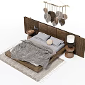 Double Bed Interior With Wooden Headboard Gray Blanket Pillows And Hanging Decor