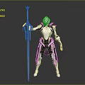 Sci Fi Biomechanical Character In Silver Green Armor Holding Futuristic Polearm Weapon