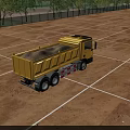 Outdoor Basketball Court With White Lines Yellow Dump Truck And Trees