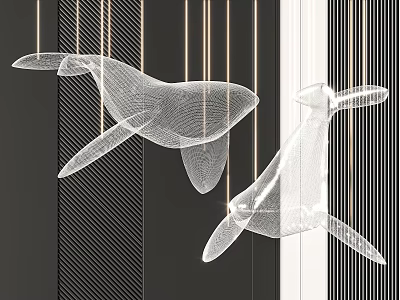 Whale Shaped Wireframe Chandelier Hanging In Black And White Striped Space 3d model