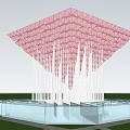 Vibrant Red Geometric Garden Art Installation With Palm Trees And Purple Flower Field