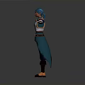 3D Character Model With Blue Hair And Armored Costume Standing Arms Outstretched