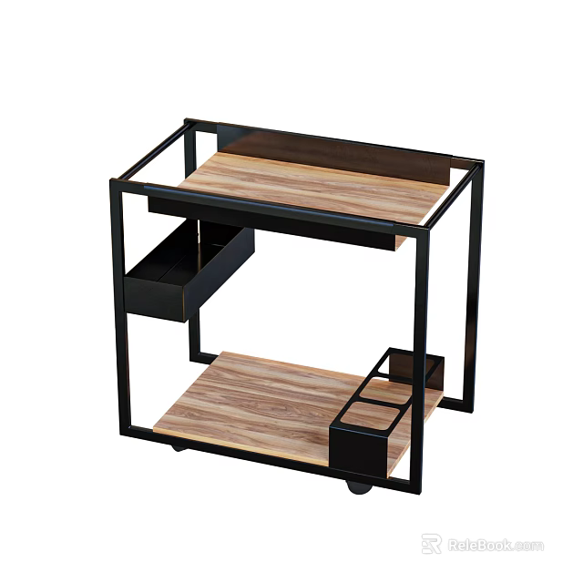 Modern Side Table With Wooden Top Black Metal Frame Drawer Lower Shelf And Rolling Wheels 3d model 