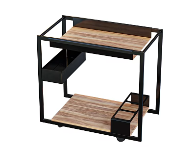 Modern Side Table With Wooden Top Black Metal Frame Drawer Lower Shelf And Rolling Wheels 3d model