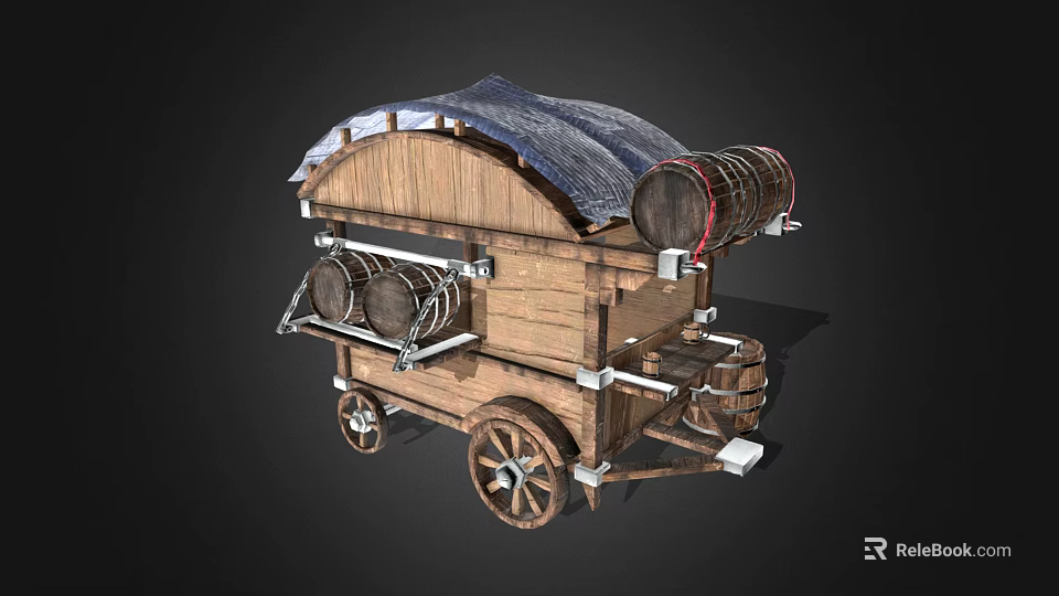 Functional Vintage Wooden Cart With Curved Canvas Roof And Attached Barrels 3d model 