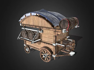 Functional Vintage Wooden Cart With Curved Canvas Roof And Attached Barrels 3d model