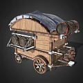 Functional Vintage Wooden Cart With Curved Canvas Roof And Attached Barrels