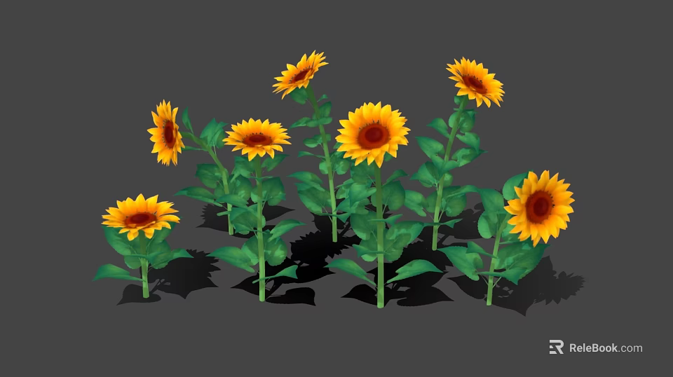 Blooming Sunflowers Standing Tall With Bright Yellow Petals And Green Leaves 3d model 