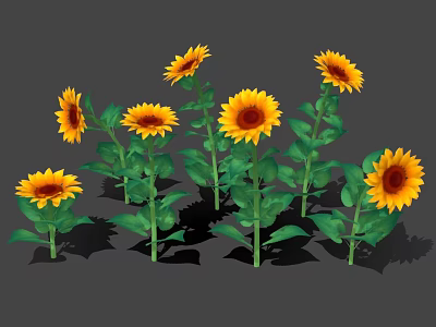 Blooming Sunflowers Standing Tall With Bright Yellow Petals And Green Leaves 3d model