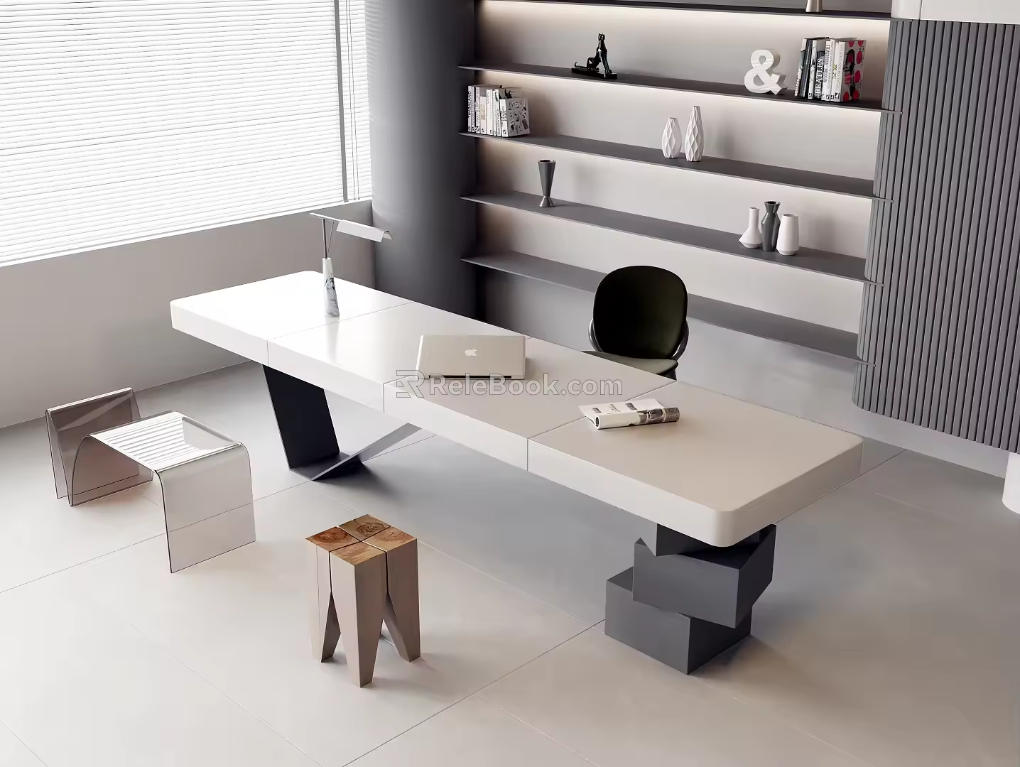 Desk and Chair Combination Casual Long Desk Fabric Leisure Chair Acrylic Shaped Chair Solid Wood Square Stool Background Decorative Shelf Bookshelf Tablet Desk Lamp Books 3d model