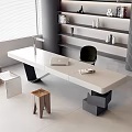 Desk and Chair Combination Casual Long Desk Fabric Leisure Chair Acrylic Shaped Chair Solid Wood Square Stool Background Decorative Shelf Bookshelf Tablet Desk Lamp Books 3d model
