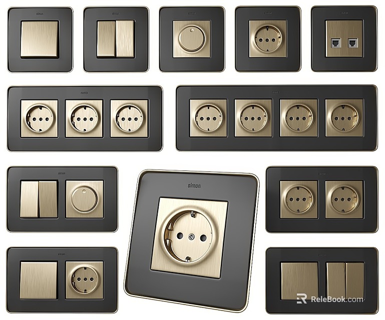 Modern Black and Gold Switch Panels with Single Double Switches and Sockets 3d model 
