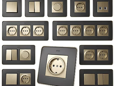 Modern Black and Gold Switch Panels with Single Double Switches and Sockets 3d model