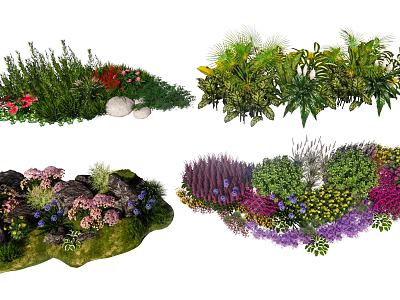 Diverse Colorful Garden Shrubs With Mixed Flowers Stones And Greenery 3d model