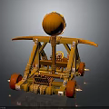 3D Model Military Vehicle Featuring Orange Yellow Wooden Frame Red Wheels And Top Circular Structure