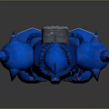 Blue Mechanical Robot Character Featuring Horns Red Eyes And Yellow Chest In Standing Pose