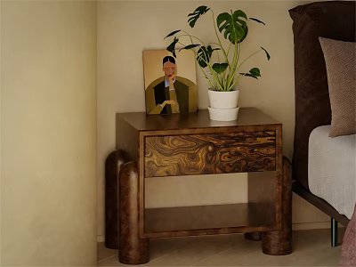 Wooden Bedside Table With Cylindrical Legs White Planter Green Plant And Portrait Painting Near Bed 3d model