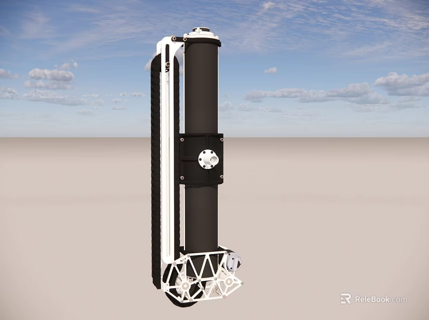 Black Cylindrical Structure With White Dome Top And Base In Open Sandy Blue Sky Landscape 3d model