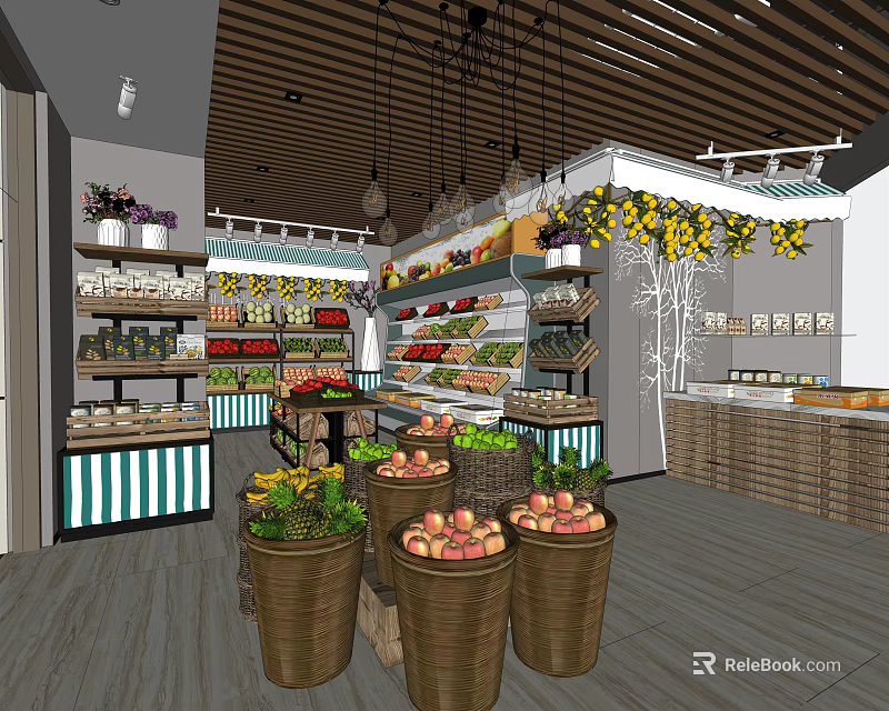 Bright Fruit Store Interior With Fresh Fruit Displays Colorful Baskets And Wooden Shelves 3d model 