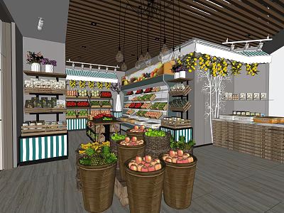 Bright Fruit Store Interior With Fresh Fruit Displays Colorful Baskets And Wooden Shelves 3d model