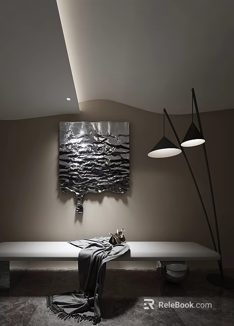 Modern Wavy Metallic Wall Decor In Interior With Floor Lamps 3d model