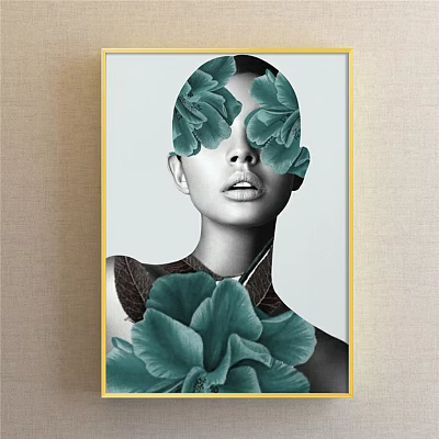Modern Portrait Painting of Woman with Green Flowers Covering Face and Upper Body 3d model