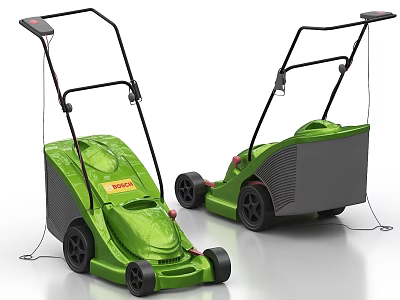 Green Electric Lawn Mowers With Black Handles Wheels And Grass Boxes 3d model