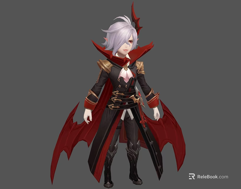 Mythical Character With White Hair Red Horns Black Red Outfit And Bat Wing Cape 3d model 