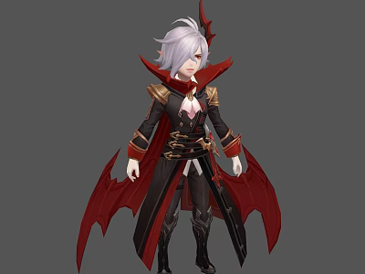 Mythical Character With White Hair Red Horns Black Red Outfit And Bat Wing Cape 3d model