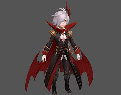 Mythical Character With White Hair Red Horns Black Red Outfit And Bat Wing Cape 3d model