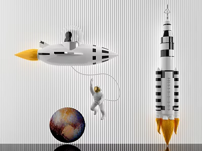 Creative Wall Decor With Rocket Model Astronaut Figure Planet Decoration And Striped Background 3d model