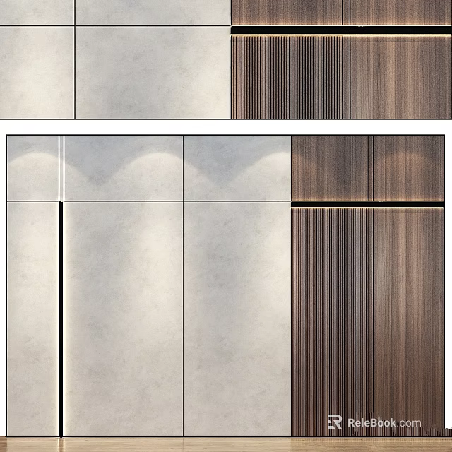 Modern Interior Wall Design With Light Smooth Panels And Dark Wooden Slats 3d model 