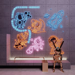 Modern trend neon clock-in camera photography wall astronaut neon card holder tide play decoration 3d model