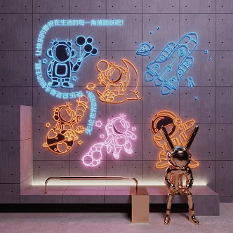 Modern trend neon clock-in camera photography wall astronaut neon card holder tide play decoration 3d model