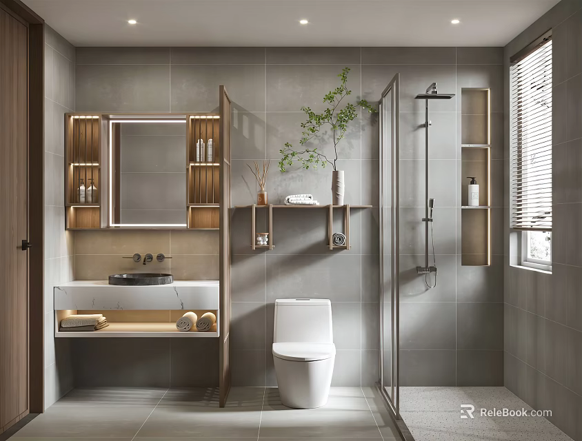 Modern Bathroom Interior Design With Wooden Shelves Vanity Mirror And Glass Shower Enclosure 3d model 
